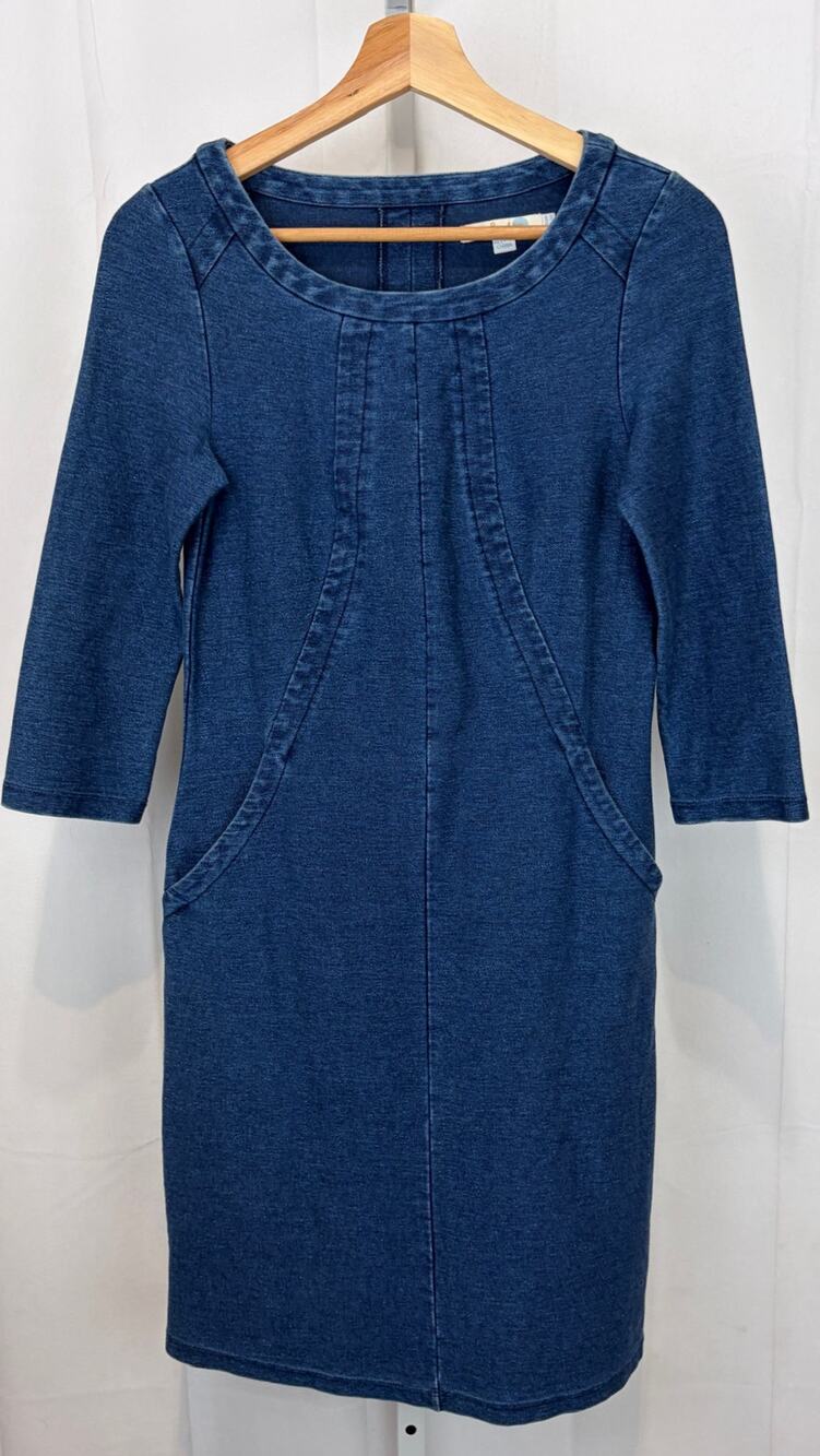 BODEN Hannah Shift Dress 3/4 Sleeve Pockets Stretch Cotton Denim Blue UK 8 US 4